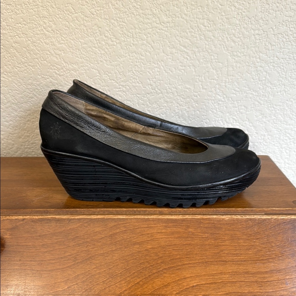 Fly London Black Leather Wedges